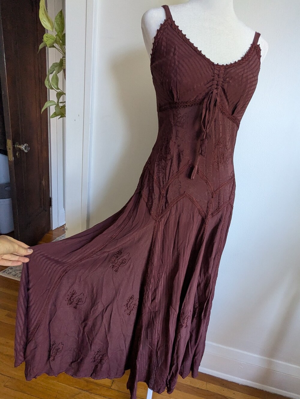 Boho Embroidered Indian Milkmaid Maxi Dress In Burgundy Size S